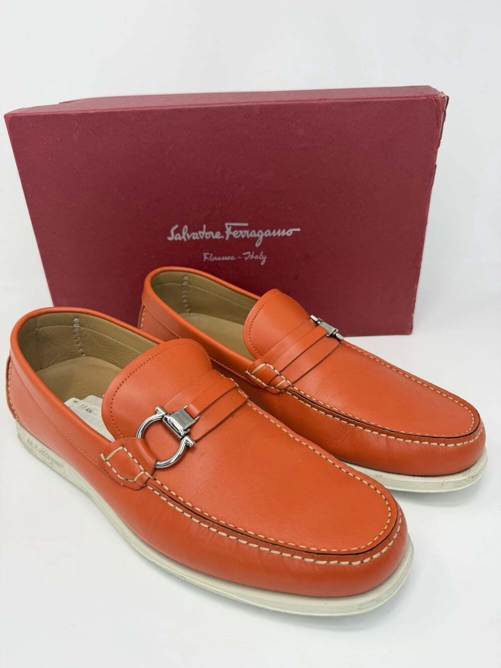 Salvatore Ferragamo Mens 9 D Orange Leather Gancini Bit Loafers Made in Italy